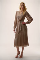 Joseph Ribkoff Taupe/Silver Fit and Flare Pleated Dress Style 254728