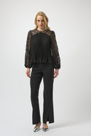 Joseph Ribkoff Black Pleated Chiffon Top With Floral Lace Sleeves Style 254900