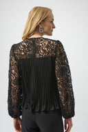 Joseph Ribkoff Black Pleated Chiffon Top With Floral Lace Sleeves Style 254900