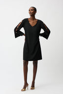 Joseph Ribkoff Woven Twill Trapeze Dress With Gold Trimmed Slit Sleeves Style 261085.