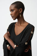 Joseph Ribkoff Trapeze Dress With Gold Trimmed Slit Sleeves Style 261085