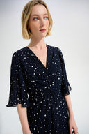 Joseph Ribkoff Pleated Chiffon Dot Print Wide Leg Jumpsuit With Knot Detail Style 261756