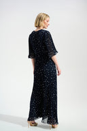 Joseph Ribkoff Pleated Chiffon Dot Print Wide Leg Jumpsuit With Knot Detail Style 261756