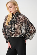 Joseph Ribkoff Chiffon Animal Print Boxy Top With Bow Tie Style 263743