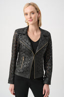 Joseph Ribkoff Laser-Cut Foiled Faux Suede Moto Jacket Style 263910