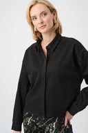 Joseph Ribkoff Denim Cropped Blouse With Rhinestone Detail Style 263965
