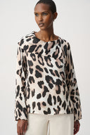 Joseph Ribkoff Asymmetric Cowl Neck Satin Animal-Print Top Style 264204