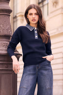 Frank Lyman Sweater with Embellished Denim Collar Style 264851