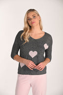 Frank Lyman V-neck Sweater with Hearts and Glitter Style 266548