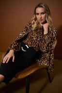 Joseph Ribkoff Black/Brown Georgette Animal Print Straight Top 253077