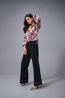 Joseph Ribkoff Pink/Black Satin Animal Print Draped Top Style 253059