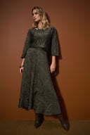 Joseph Ribkoff Avocado Pleated Satin Long Flared Skirt Style 253248