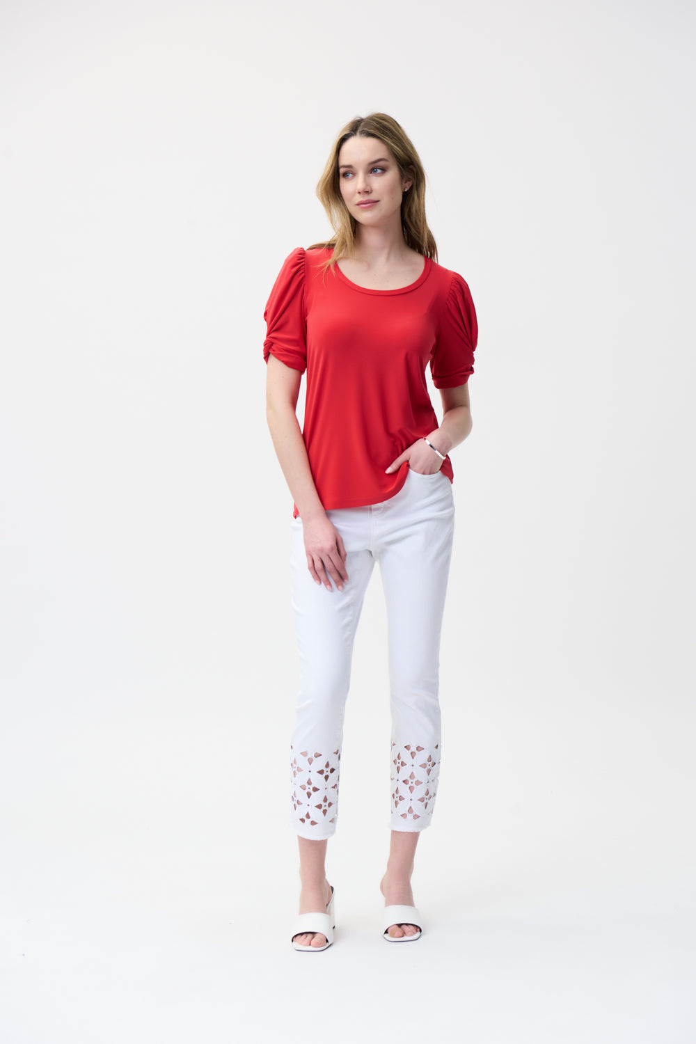 Joseph Ribkoff Lacquer Red Puffed Sleeve Top Style 221157-main