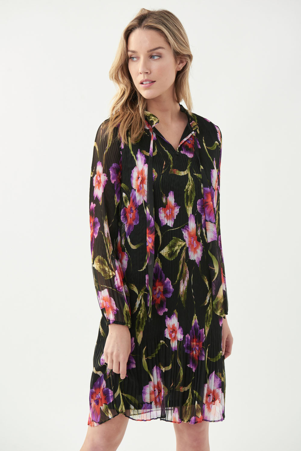 Joseph Ribkoff Black-Multi Pleated Floral Print Dress Style 221923