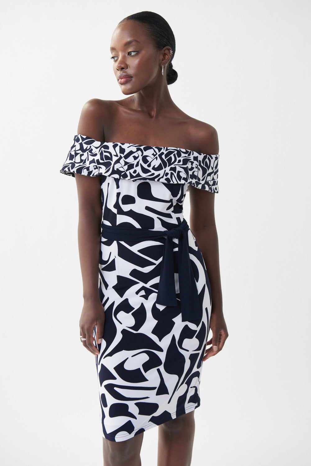 Joseph Ribkoff Vanilla-Midnight Blue Off-Shoulder Geometric Print Dress Style 222192