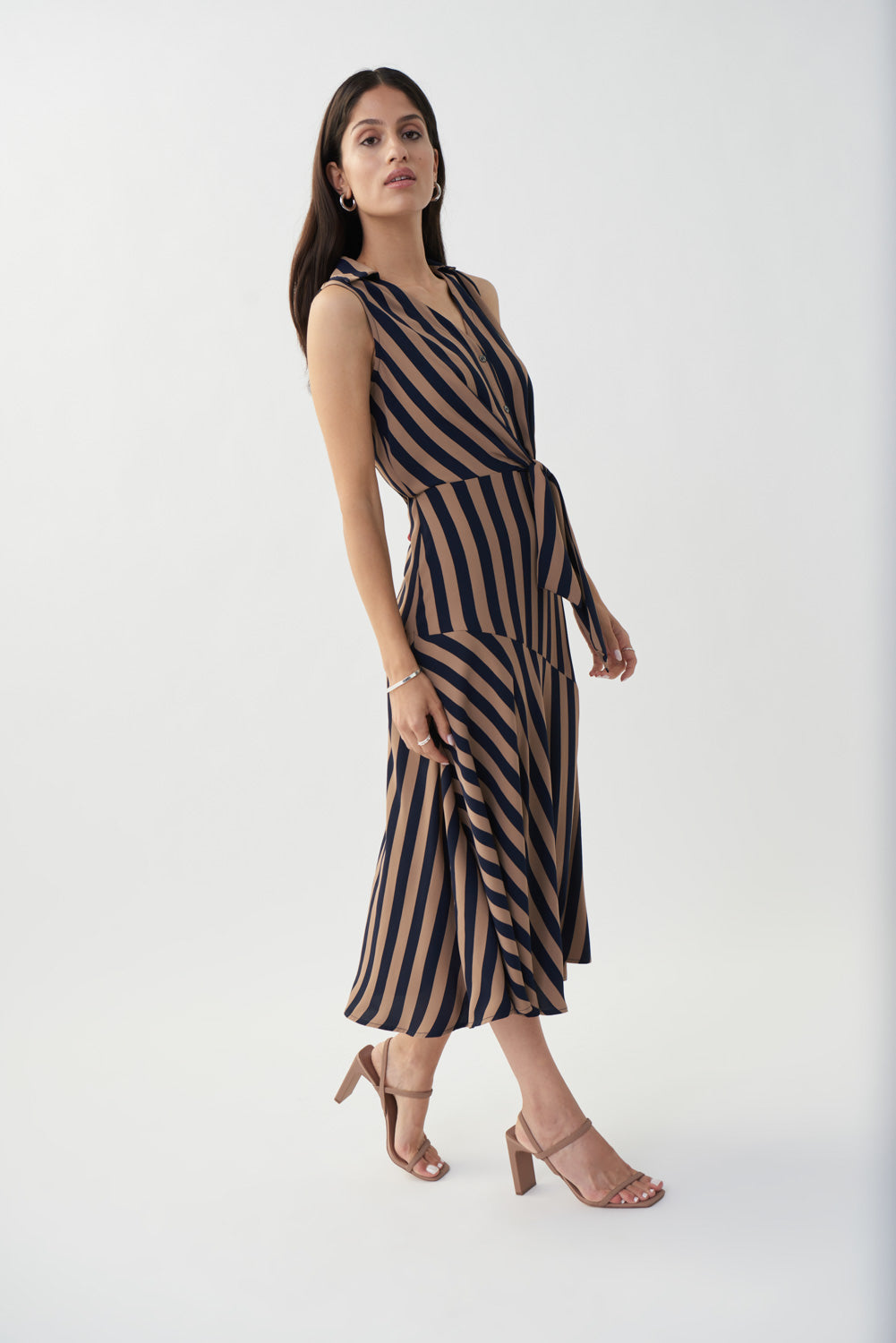 Joseph Ribkoff Midnight Blue-Beige Striped Fit & Flare Dress Style 222207