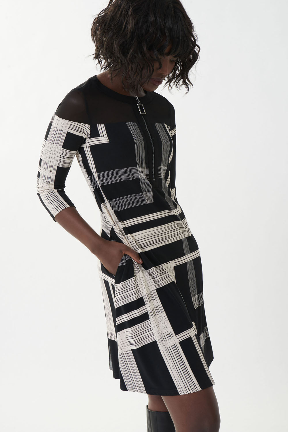Joseph Ribkoff Black-Beige Sheer A-line Dress Style 223008