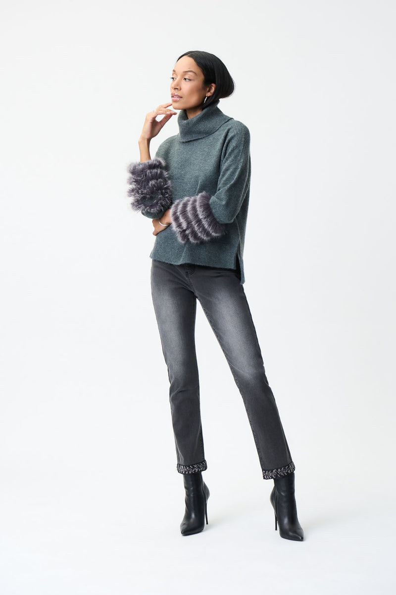 Joseph Ribkoff Grey Sweater with Faux Fur Trims Style 224940