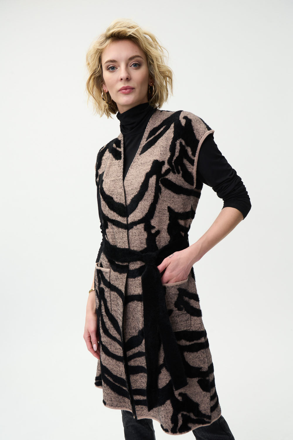 Joseph Ribkoff Camel-Black Animal Print Knit Vest Style 224947