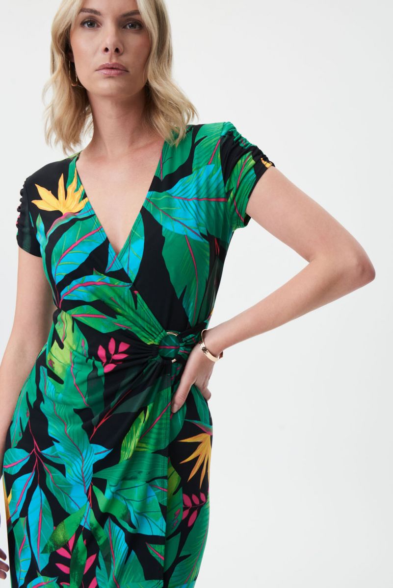Joseph Ribkoff Black/Multi Tropical Print Knit Wrap Dress Style 