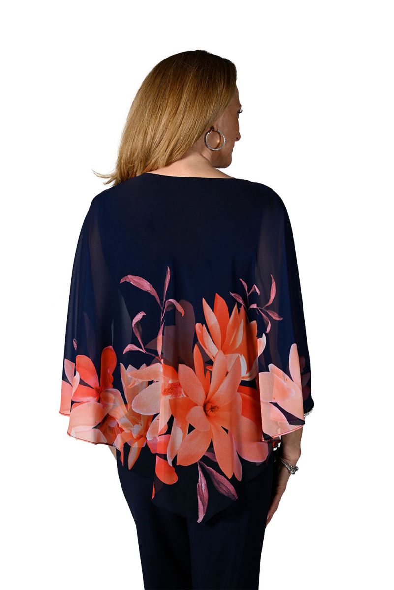 Frank Lyman Navy/Fuchsia/Coral Floral Print Top Style 238350